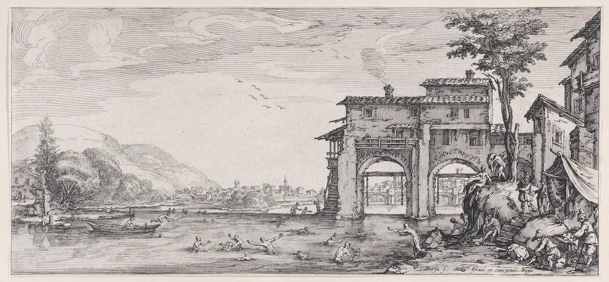 Les Baigneurs (The Bathers), from "Paysages Gravés pour Jean de Médicis appelées aussi Paysages Dessinés a Florence, Vues de Florence, Paysages d'Italie, et Paysages Définitifs" (Landscapes Engraved for Giovanni de'Medici, Landscapes Designed in Florence, Views of Florence, Landscapes of Italy, and Definitive Landscapes) by Jacques Callot, print, 1613-1623