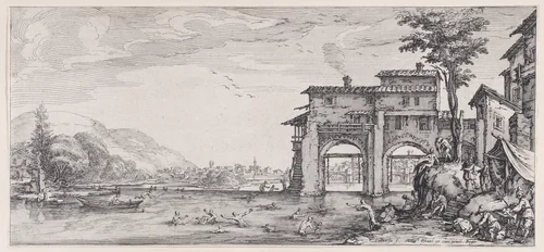 Les Baigneurs (The Bathers), from "Paysages Gravés pour Jean de Médicis appelées aussi Paysages Dessinés a Florence, Vues de Florence, Paysages d'Italie, et Paysages Définitifs" (Landscapes Engraved for Giovanni de'Medici, Landscapes Designed in Florence, Views of Florence, Landscapes of Italy, and Definitive Landscapes) by Jacques Callot, print, 1613-1623