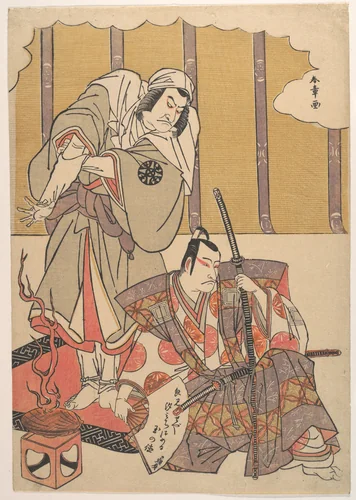 The Actors Ichikawa Danjuro I (right) 1660–1704 and Nakamura Denkuro II (left) 1719–1777 in Unidentified Roles by Katsukawa Shunshô (勝川春章), print, 1726-1792