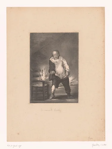 Man kleedt zich aan in brandend huis by Cyprien Charles Marie Nicolas Gaulon, print, 1824