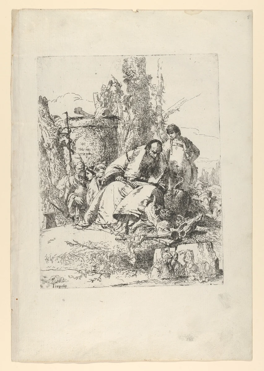 Seated magician, boy and four figures from the Scherzi di Fantasia by Giovanni Battista Tiepolo, print, 1738-1755