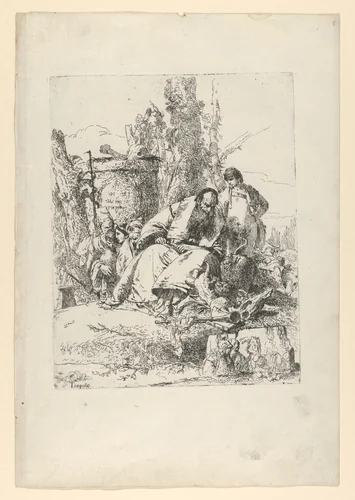 Seated magician, boy and four figures from the Scherzi di Fantasia by Giovanni Battista Tiepolo, print, 1738-1755