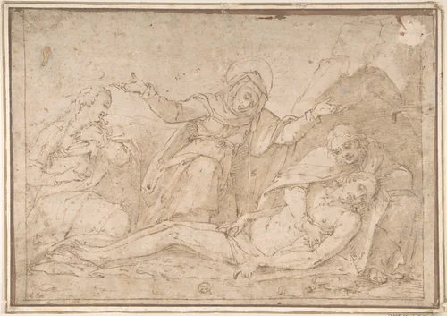 Pièta with Mary Magdalen and Saint John by anonymous, drawing, 1500-1600