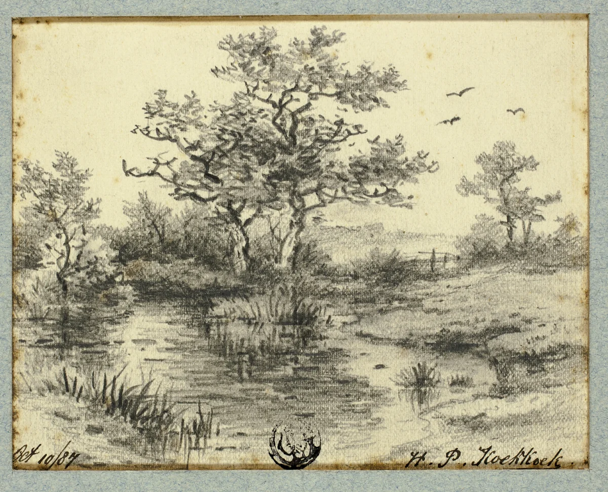 Trees by Pond by Hendrik Pieter Koekkoek, drawing, 1877