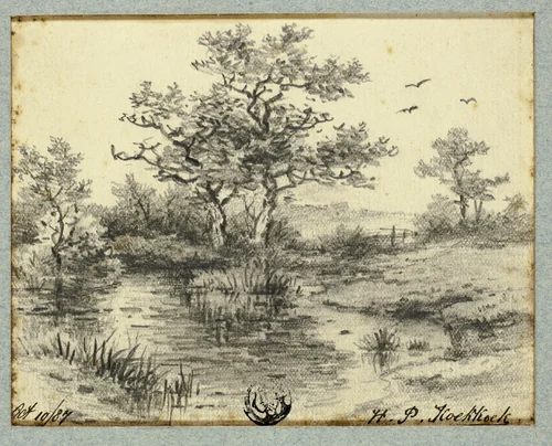Trees by Pond by Hendrik Pieter Koekkoek, drawing, 1877