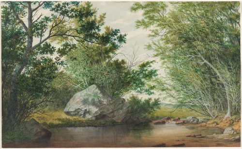 Landscape with Wooded Stream and Boulder by William Allen Wall, drawing, 1880-1885