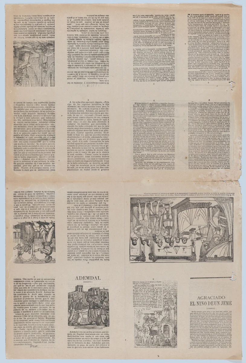 An uncut sheet printed on both sides with pages from "Ademdai" and "Agraciado: El niño de un jeme" by José Guadalupe Posada, print, 1895-1905