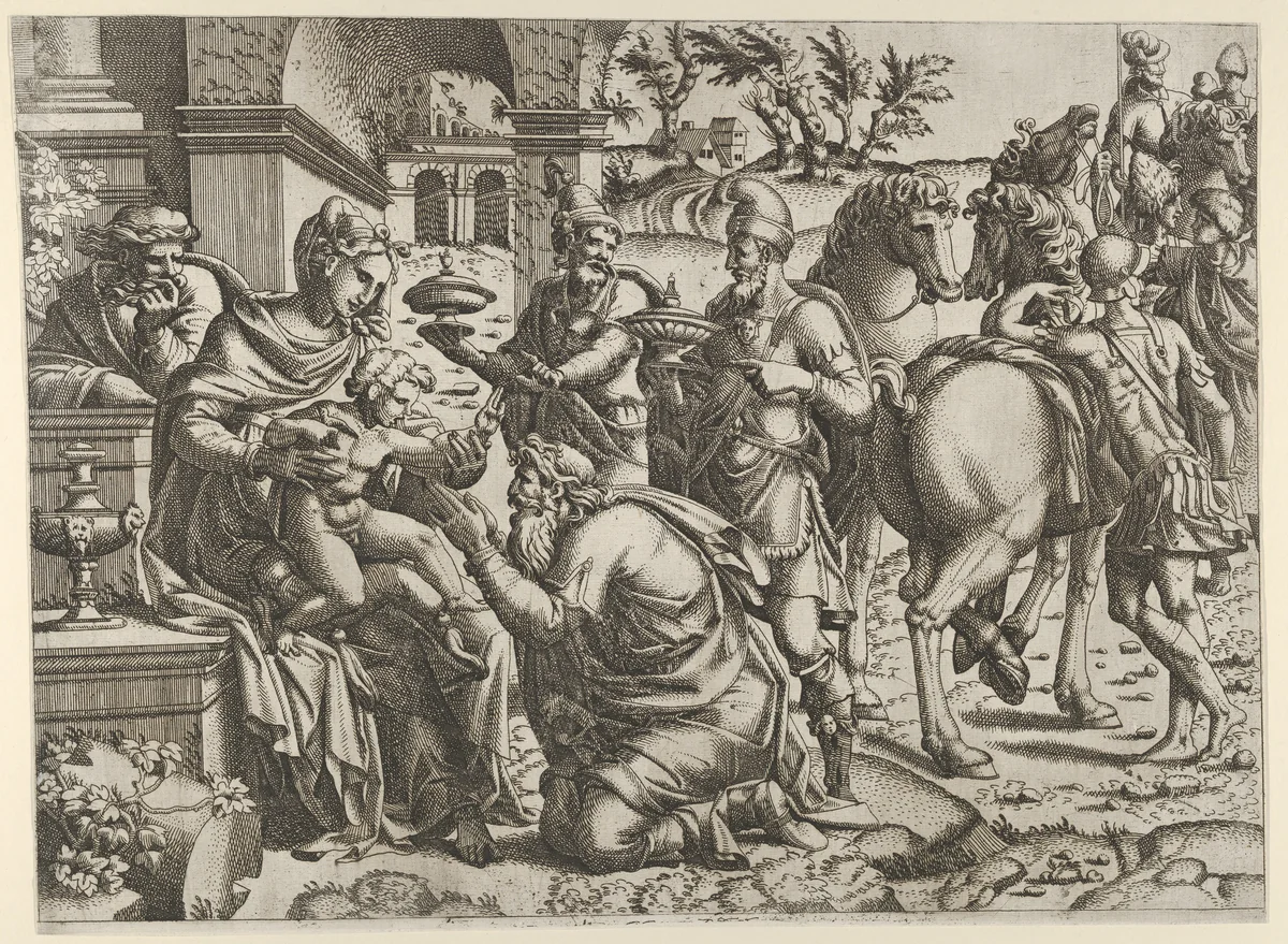 Adoration of the Magi by Jean Mignon, print, 1540-1560