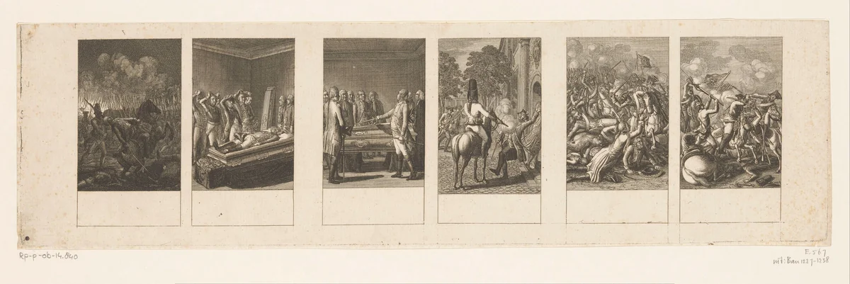 Zes voorstellingen met Brandenburgse oorlogsscènes by Daniel Nikolaus Chodowiecki, print, 1786