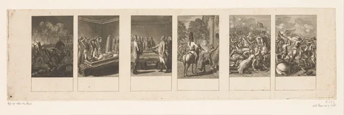 Zes voorstellingen met Brandenburgse oorlogsscènes by Daniel Nikolaus Chodowiecki, print, 1786