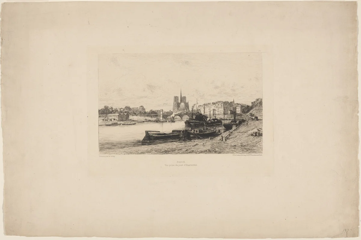 Paris: Vue prise du pont d'Austerlitz (Paris: View Taken from the Pont d'Austerlitz) by Alfred Alexandre Delauney, print, 1877