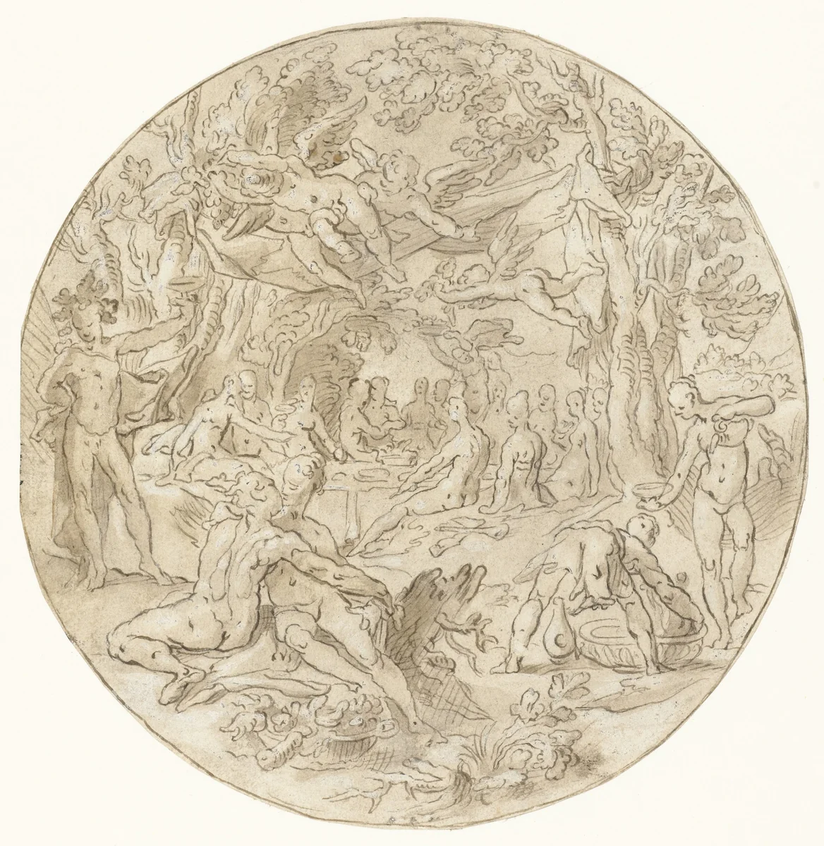 Godenmaaltijd by Joachim Wtewael, drawing, 1590-1600