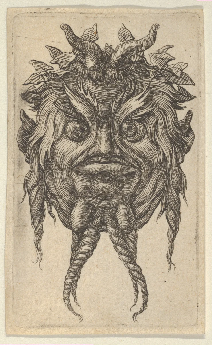 Satyr Mask with Horns and a Twisted Beard Wearing an Ivy Wreath, from "Divers Masques" by François Chauveau, print, 1630-1650