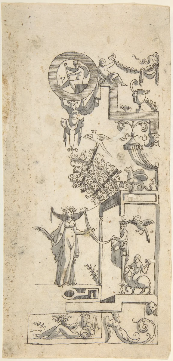 Grotesque with a Victory Figure Under an Overgrown Pergola by anonymous, drawing, 1540-1570