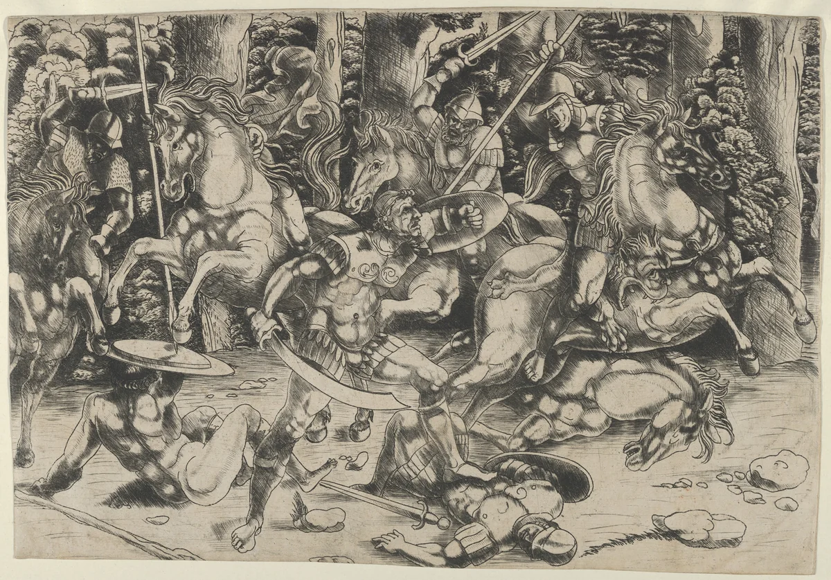 A battle of soldiers some on horseback by Master of 1515, print, 1505-1515