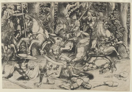 A battle of soldiers some on horseback by Master of 1515, print, 1505-1515