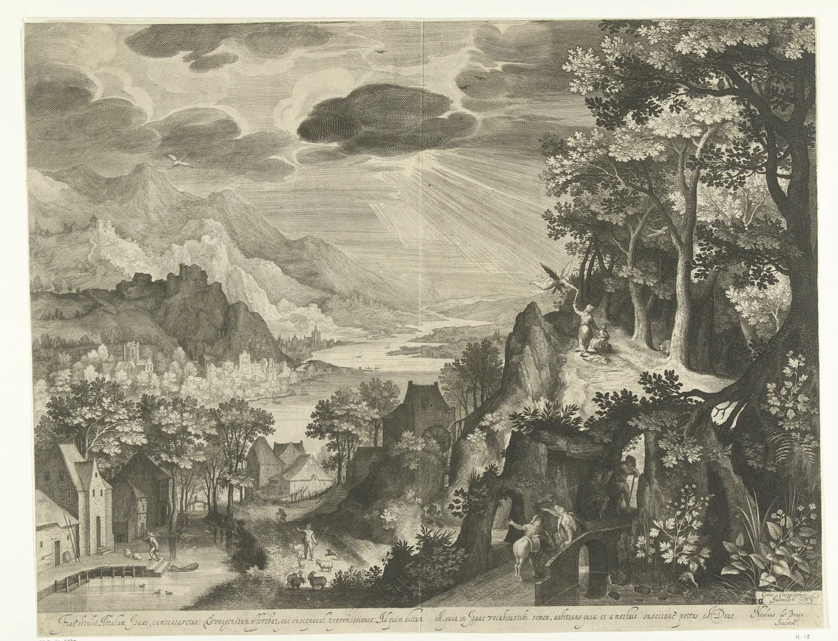 Landschap met het offer van Abraham by Unknown, print, 1581-1656