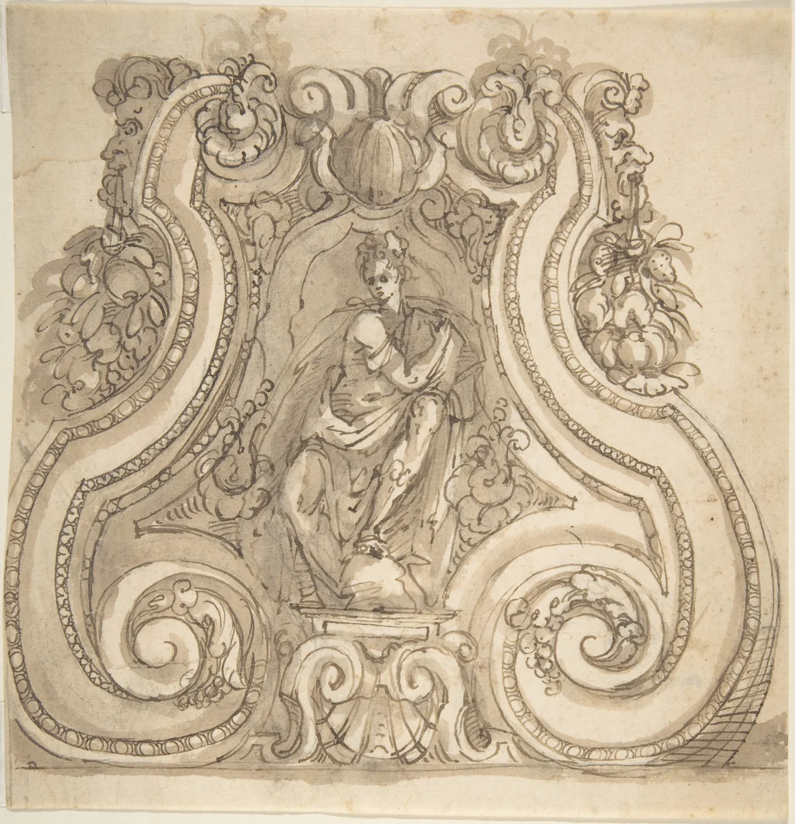 Design for the Base of a Candle Stick with a Seated Female(?) Figure by anonymous, drawing, 1500-1550