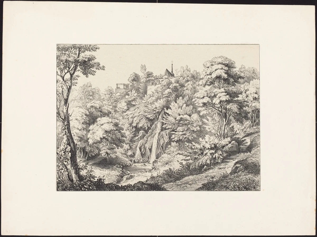 Rear View of the Convent with Waterfall by Ernst Fries, print, 1829