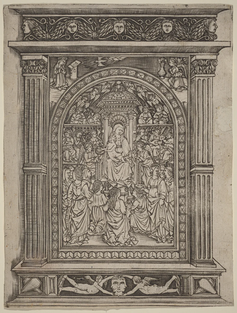 The Virgin and Child Enthroned, with Angels and Saints by Maso Finiguerra, print, 1450-1470