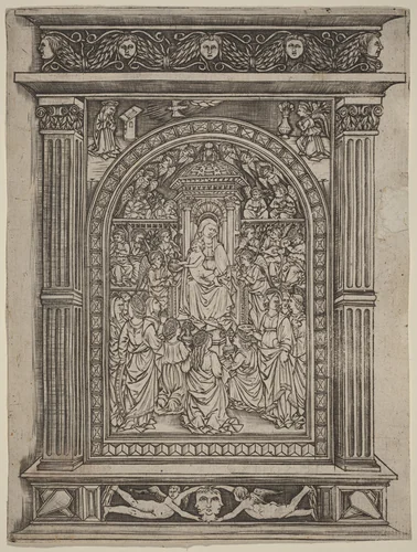The Virgin and Child Enthroned, with Angels and Saints by Maso Finiguerra, print, 1450-1470