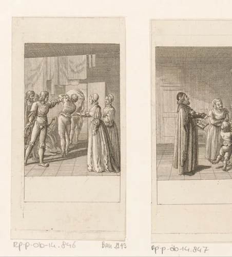 Falstaff wordt in de mand uit de waskamer gedragen by Daniel Nikolaus Chodowiecki, print, 1786