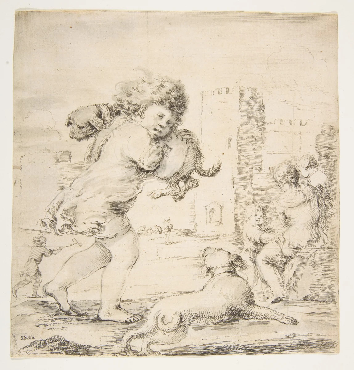 Child Carrying a Puppy on his Shoulder by Stefano della Bella, print, 1657-1667