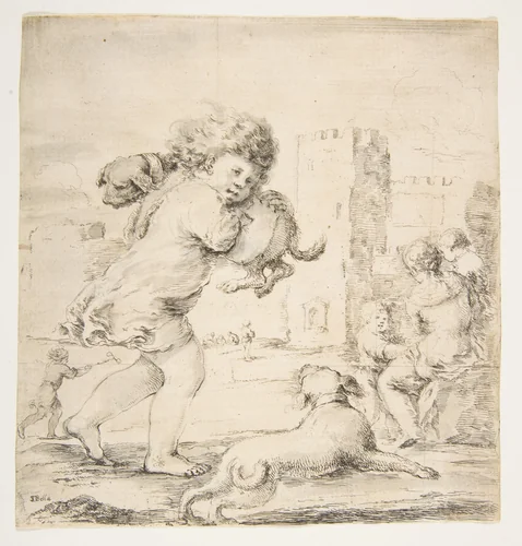 Child Carrying a Puppy on his Shoulder by Stefano della Bella, print, 1657-1667
