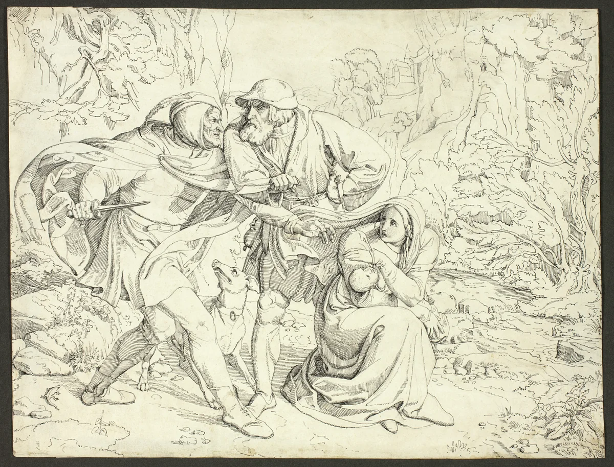 Genoveva’s Murderers Take Pity by Joseph Ritter von Führich, print, 1825-1835