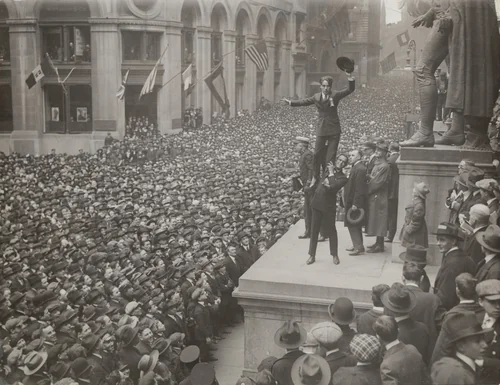 Douglas Fairbanks Boosting Charlie Chaplin to Boost the Liberty Loan in Front of the Sub-Treasury Building: All Wall Street Looking on with Approval by Underwood and Underwood, photograph, 1918