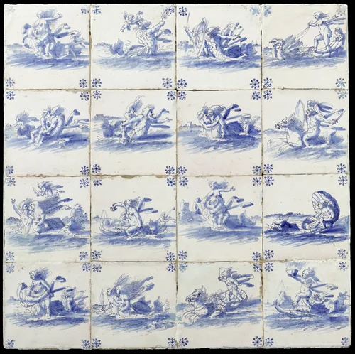 Veld van zestien tegels met zeewezens by anonymous, ceramic, 1650-1700