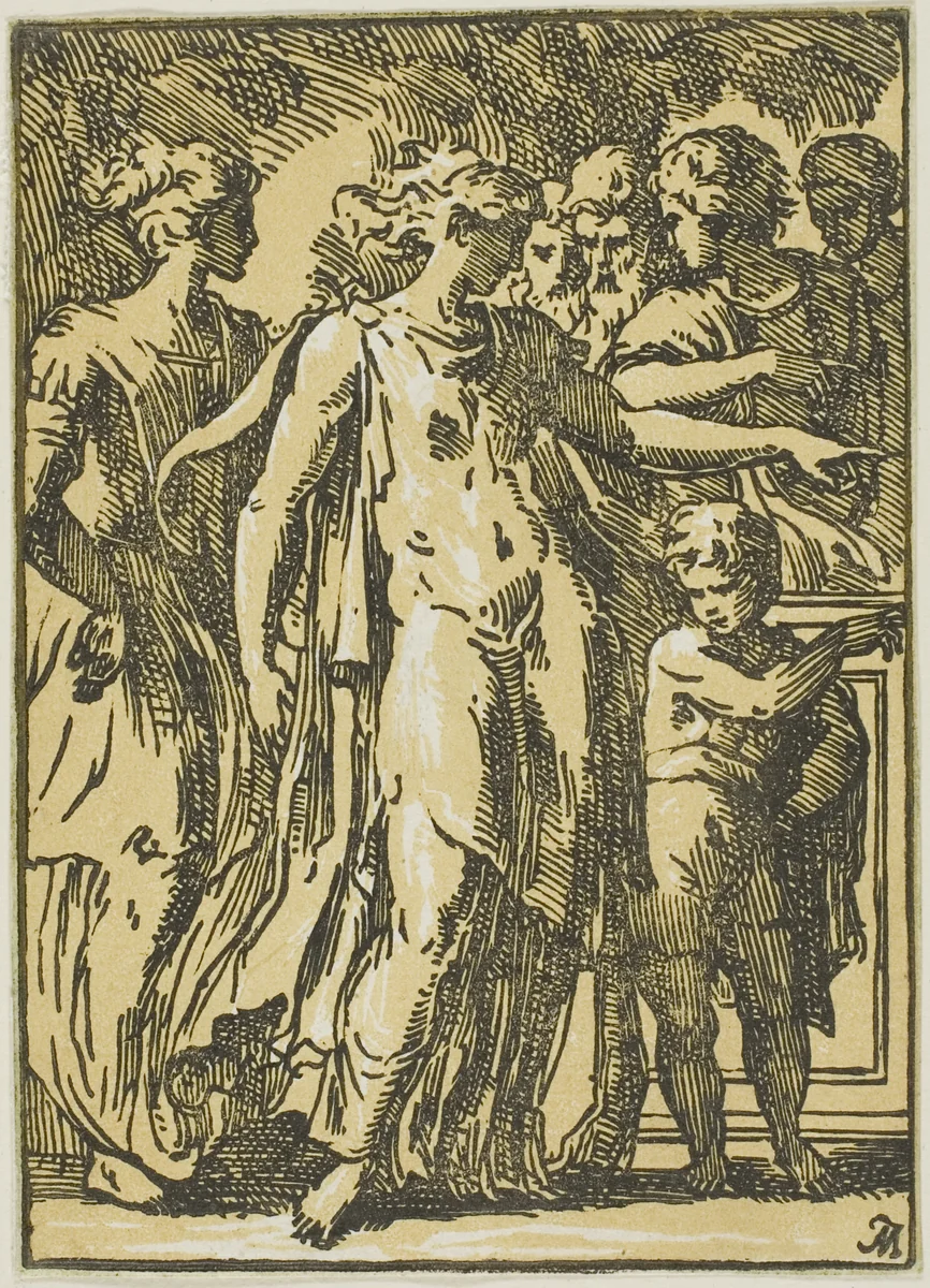 A Woman, a Child, and Figures around a Pedestal by Anton Maria Zanetti, print, 1700-1767