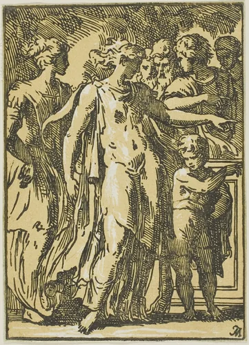 A Woman, a Child, and Figures around a Pedestal by Anton Maria Zanetti, print, 1700-1767