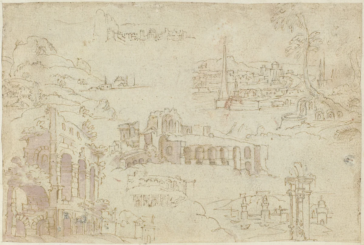 Ruïnes en fantasielandschappen by anonymous, drawing, 1550-1570