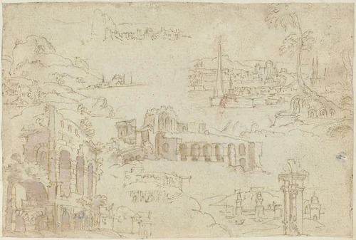 Ruïnes en fantasielandschappen by anonymous, drawing, 1550-1570