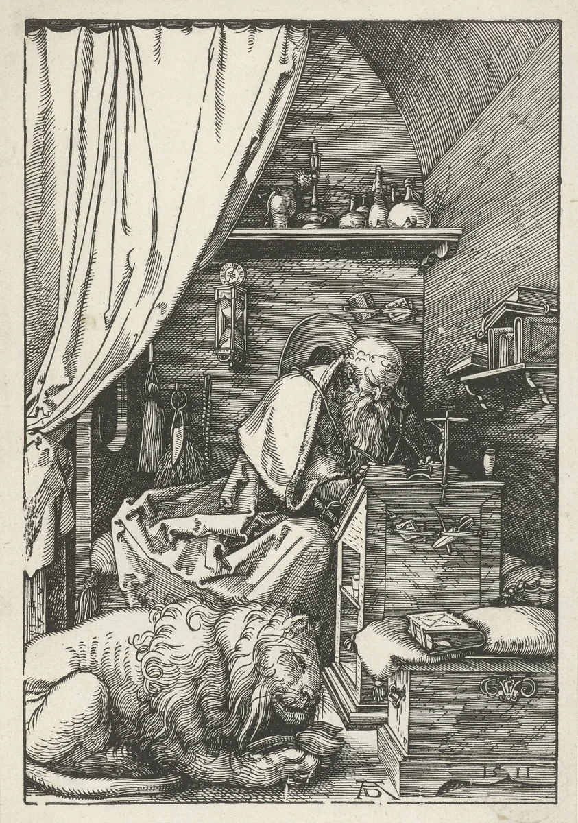 De Heilige Hiëronymus in zijn studeervertrek by Unknown, print, 1511