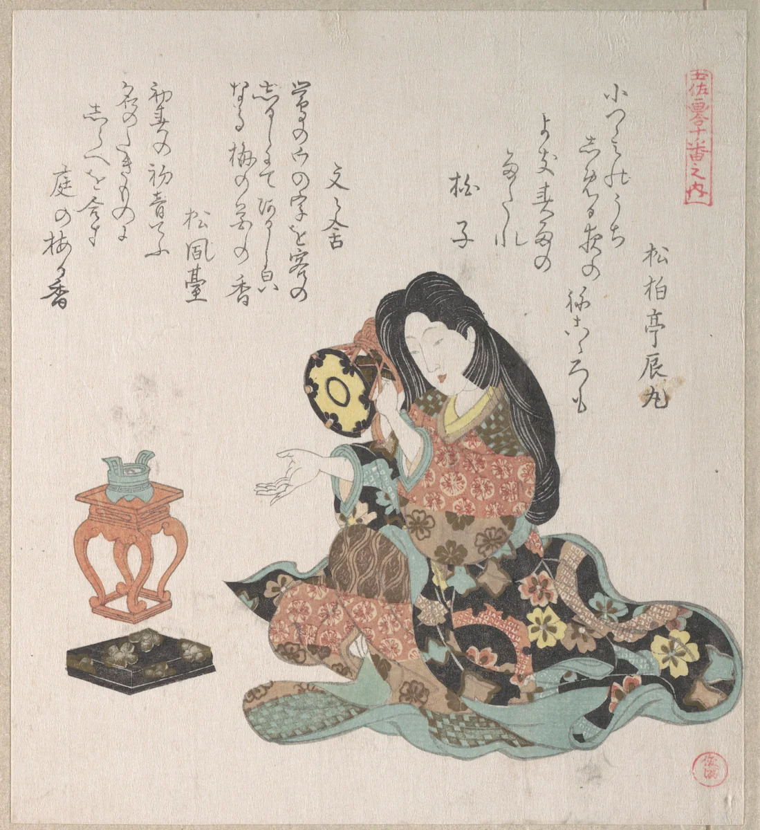 Lady Beating a Hand-Drum (Tzusumi) By the Side of The Incense Burner by Kubo Shunman (窪俊満), print, 1815