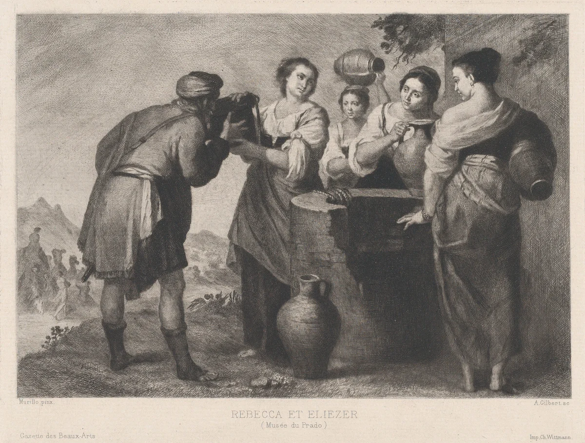 Rebecca and Eliezer, from "Gazette des Beaux-Arts" by Achille-Isidore Gilbert, print, 1875-1885