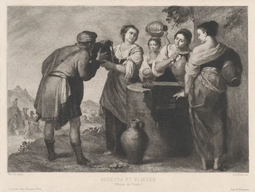 Rebecca and Eliezer, from "Gazette des Beaux-Arts" by Achille-Isidore Gilbert, print, 1875-1885