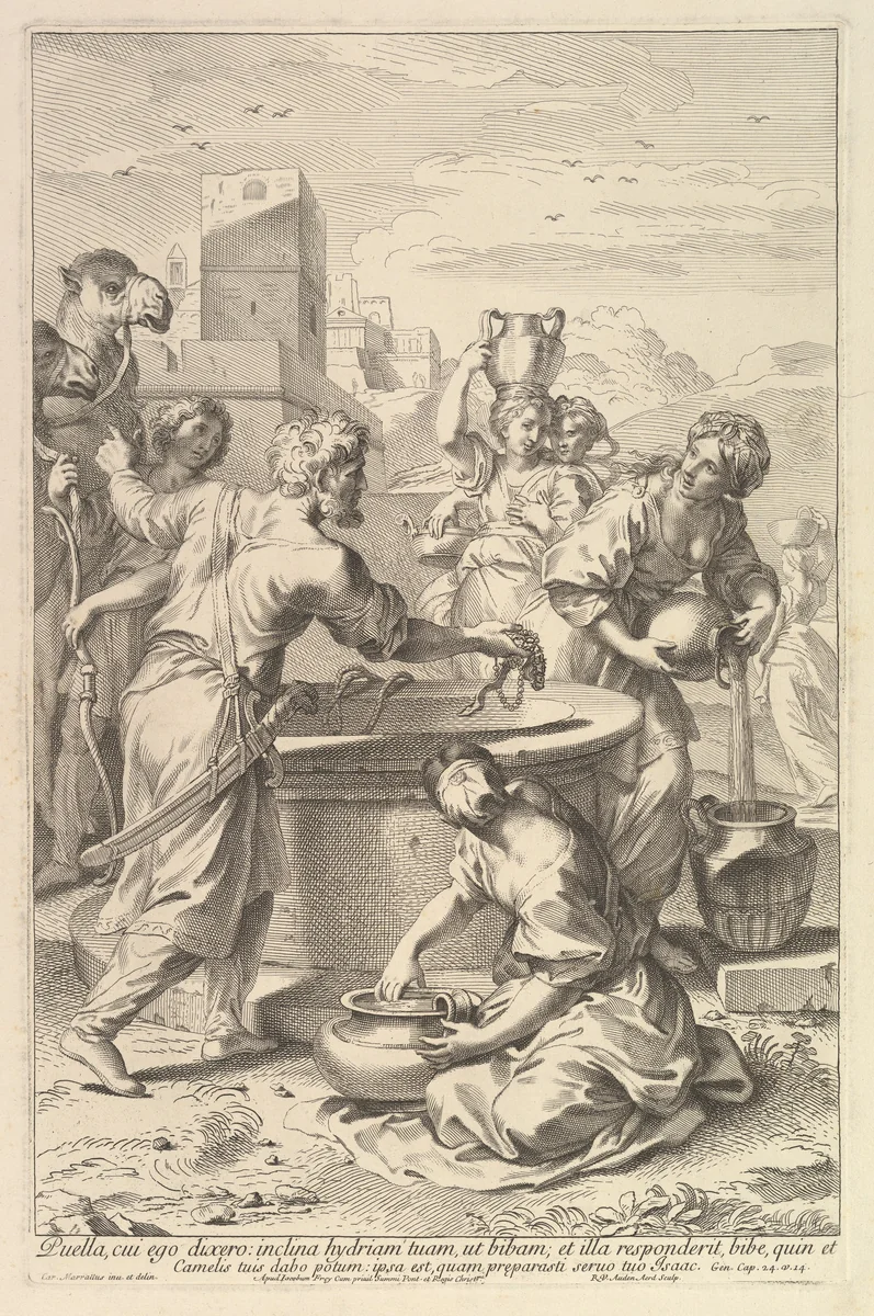 Rebecca and Eliezer by Robert van Audenaerde, print, 1663-1743