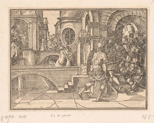 Antigonus gedood door de wacht by anonymous, print, 1574