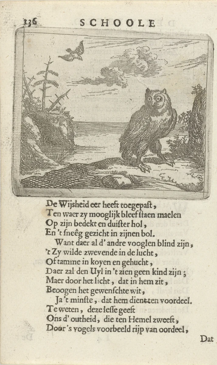 Uil in een weids landschap by Arnold Houbraken, print, 1682