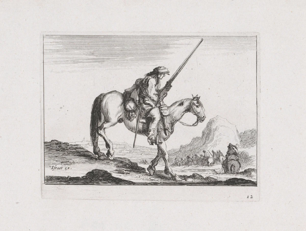 Ruiter met geweer aan het einde van een stoet by Stefano della Bella, print, 1642