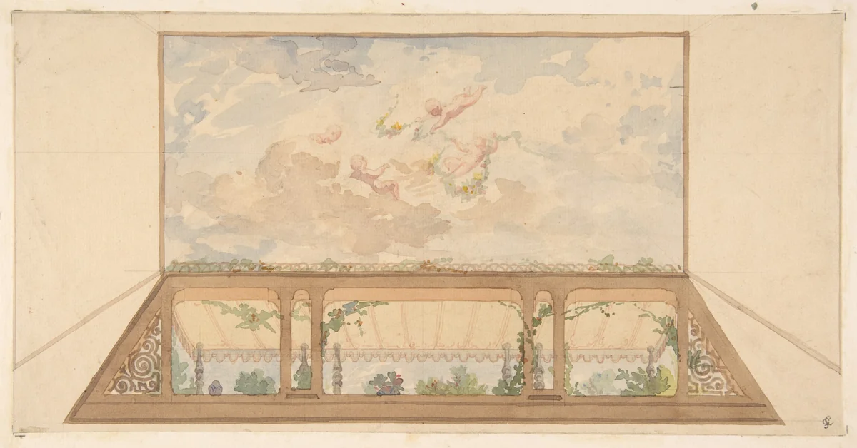 Design for a ceiling painted with a trompe l'oeil awning and putti in clouds by Jules-Edmond-Charles Lachaise, drawing, 1850-1900