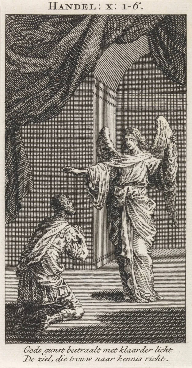 Cornelius knielt voor de tot hem gezonden engel by anonymous, print, 1712