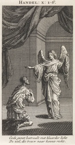 Cornelius knielt voor de tot hem gezonden engel by anonymous, print, 1712