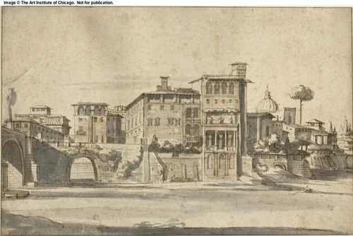 Houses on the Tiber by Gaspar van Wittel or Jeaurat Etienne, drawing, 1600-1699