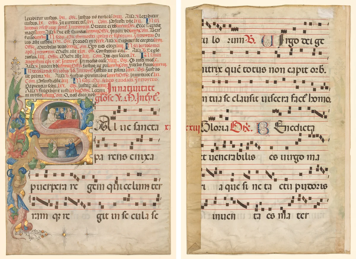 Leaf from a Gradual: Historiated Initial S[alve Sancta Parens] with Birth of the Virgin (recto) and Music (verso) by Unknown, manuscript, 1415-1455