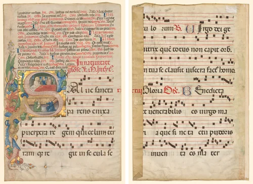 Leaf from a Gradual: Historiated Initial S[alve Sancta Parens] with Birth of the Virgin (recto) and Music (verso) by Unknown, manuscript, 1415-1455