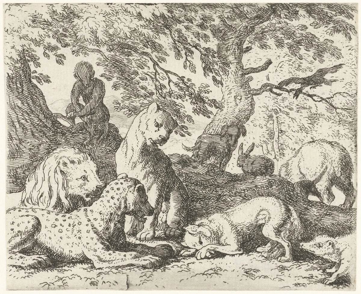 Reinaert beschrijft een onware samenzwering tegen koning Nobel by Allaert van Everdingen, print, 1665-1675